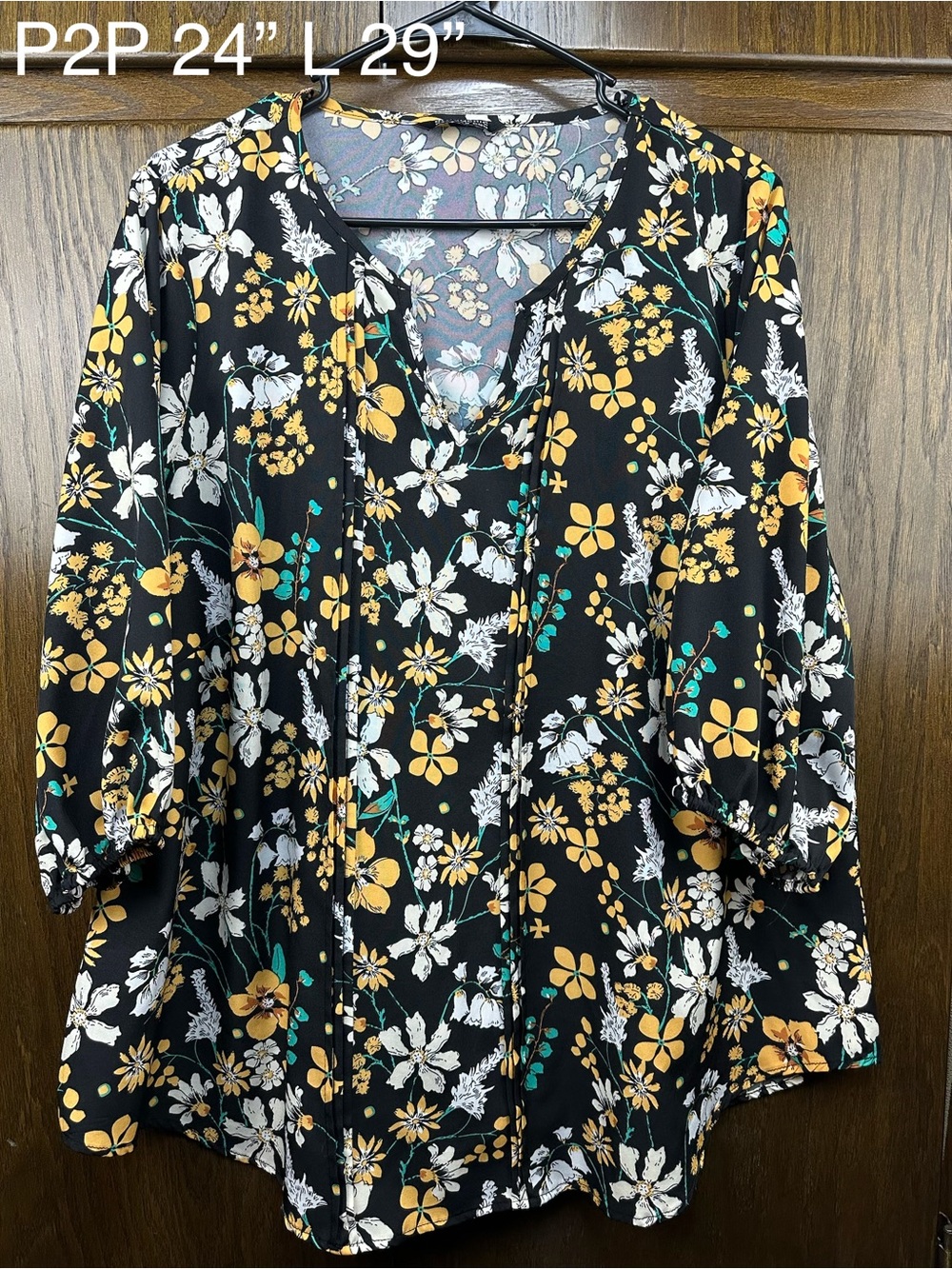 BloomChic Black Floral V-Neck Blouse with Yellow & White Flowers